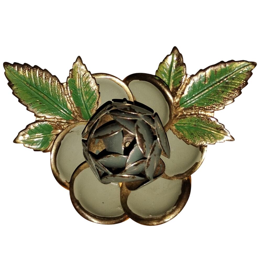 Vintage 1950s Dimensional Metal Rose Brooch Green Enamel Leaves 2.5"